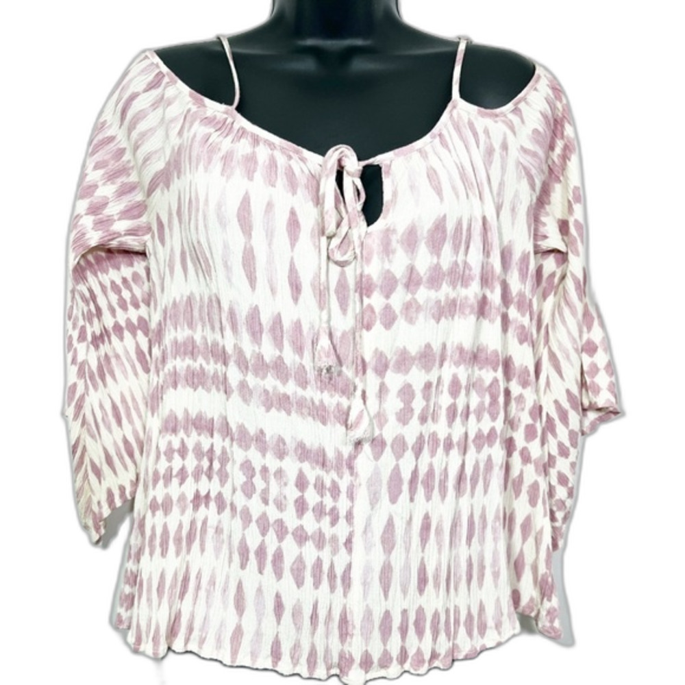 Lovestitch Cold Shoulder Tank Patterned Print 3/4 Sleeve Top Cream Pink Medium